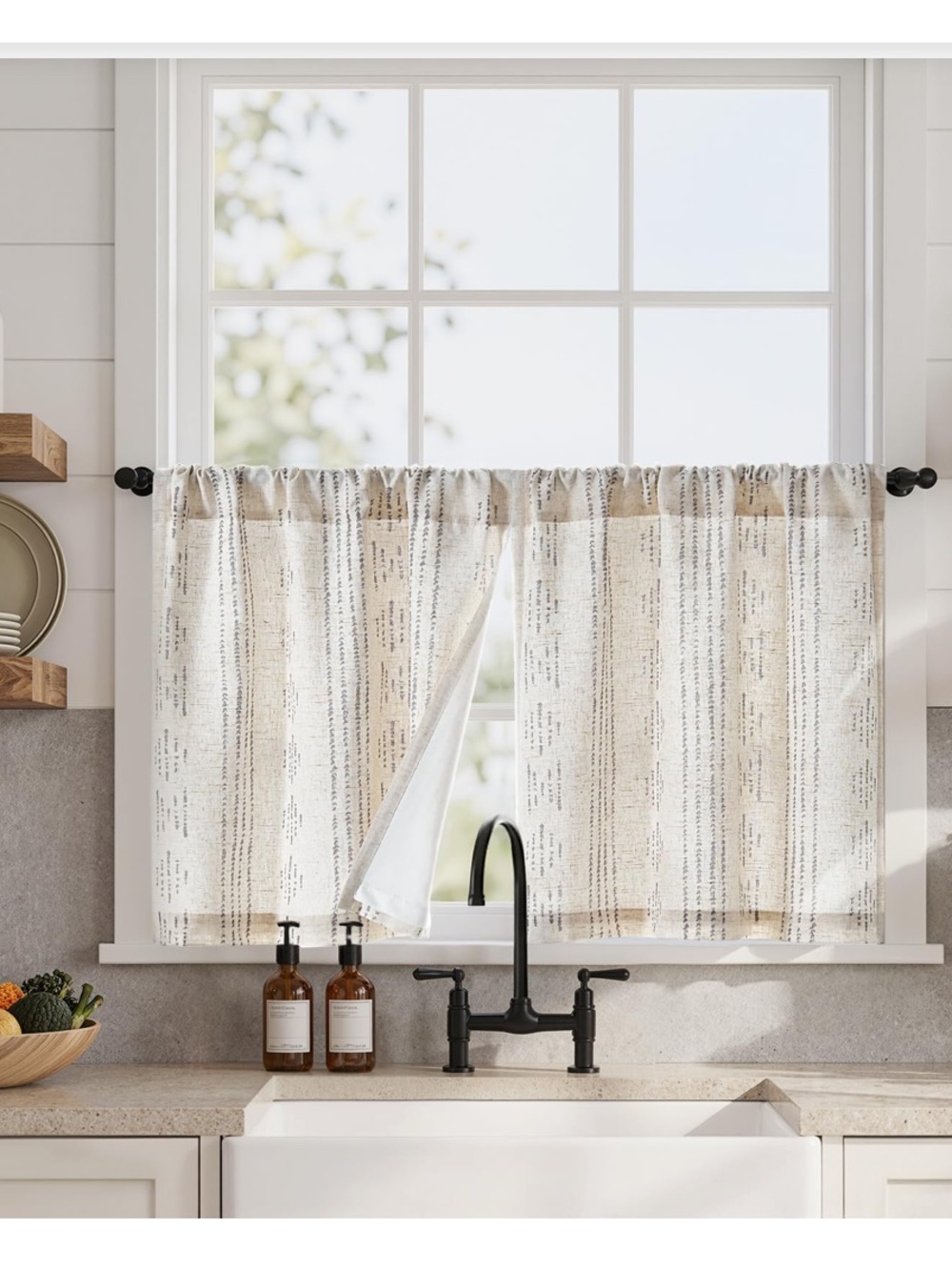 Geometric Striped Boho Curtains Half-Window Light-Filtering Beige/Gray 25W”24”L